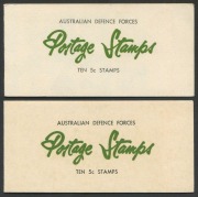 AUSTRALIA: Booklets: MILITARY POST BOOKLETS: 1967-68 (SG.MB1a &MB2) 50c booklets with comprising 1967 booklet (minor foxing) containing 5c Thornbill block of 10 (attached at left) and 1968 booklet 5c QEII block of 10 (attached at right): Cat. &pound;130.
