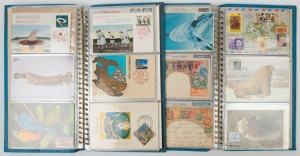 POSTCARDS - THEMATICS - PHILATELY: predominantly two slim postcard albums, some older cards including 1907 Zieher 'Stamps of Canada', Australia 1954 REDEX Car Trials card, numbered and signed; some 1940s-60s maximum cards incl. Japan 1958 National Stadium & 1959 Red Cross, plus modern cards including stamp exhibition emissions & America's Cup cards; condition variable. (80)