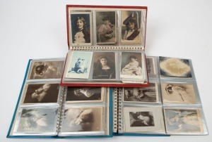 POSTCARDS - THEMATICS - STAGE ACTRESSES & ROMANCE: collection of early 19th century cards in three slimline postcard albums, approximately 50% are actresses/stage beauties including Tittell Brune & Hilda Spong (both Talma Studio cards), Hilda Trevelyan, Edna May, Jane May, Hilda Moody, Marie Studholme, Viola Tree, Zena Dare, etc; remaining cards are romance themed cards from the same period. (160 approx)