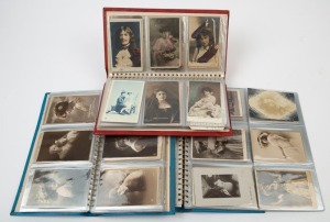 POSTCARDS - THEMATICS - STAGE ACTRESSES & ROMANCE: collection of early 19th century cards in three slimline postcard albums, approximately 50% are actresses/stage beauties including Tittell Brune & Hilda Spong (both Talma Studio cards), Hilda Trevelyan, E