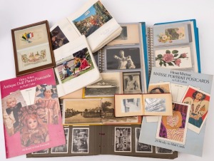 POSTCARDS - MISCELLANEOUS: 1900s-1990s collection in three volumes, one volume containing early 1900s sentimental types and European humorous cards featuring children; second volume of Transport-themed cards, mostly modern, including Qantas 50th Anniv cards, few older incl. Tuck's card showing 'The Wright Biplane', third album entitled 'Greece' showing black & white images of friezes,