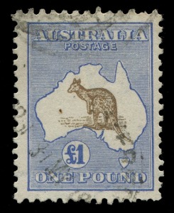 £1 Brown & Blue with Duty Plate flaw "White flaw in eastern side of Bight" [L11], marginal watermark line at base, few nibbed perfs, lightly cancelled; BW:52(D)e - Cat. $3500.