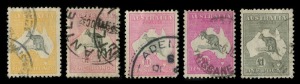 Kangaroos - Collections & Accumulations: Array on album pages with First Wmk to 5/-, Second Wmk to 2/- & 5/-, 3rd Wmk to 5/- (4), 10/- (2, one an aniline shade) and £1 grey (shallow thin), SMult to 2/- & 10/-, plus a few KGV commemorative stamps; condition generally good to fine. (60)