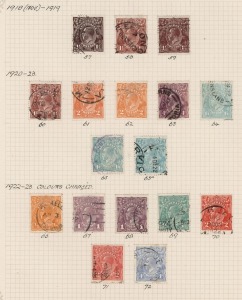 KGV Heads - Collections & Accumulations: 1914-30 KGV Heads reasonably complete used (no CofA issues) to 1/4d (5, incl. SMult perf.14) on album pages, including some shades, few better items with Single Wmk Rough Perf 5d perf. 'OS', SMult P.13½x12½ 4½d CTO; few KGV/KGVI commemoratives sets incl. Anzac & Jubilee, plus KGVI to £1 Robes, condition generally good to fine used. (130+)