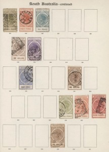 SOUTH AUSTRALIA: 1856-1912 patchy collection on album pages with imperf 2d orange-red, 1870-71 3d (in red) on 4d ultramarine, 1886-96 'P&R' 2/6d & 5/- Long Toms, Thin 'POSTAGE' 2/6d; also few officials incl. 'P.S.' Departmental overprint on 4d; condition mostly fine. (84)