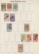 SOUTH AUSTRALIA: 1856-1912 patchy collection on album pages with imperf 2d orange-red, 1870-71 3d (in red) on 4d ultramarine, 1886-96 'P&R' 2/6d & 5/- Long Toms, Thin 'POSTAGE' 2/6d; also few officials incl. 'P.S.' Departmental overprint on 4d; condition 