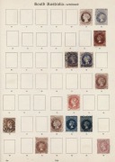 SOUTH AUSTRALIA: 1856-1912 patchy collection on album pages with imperf 2d orange-red, 1870-71 3d (in red) on 4d ultramarine, 1886-96 'P&R' 2/6d & 5/- Long Toms, Thin 'POSTAGE' 2/6d; also few officials incl. 'P.S.' Departmental overprint on 4d; condition - 2