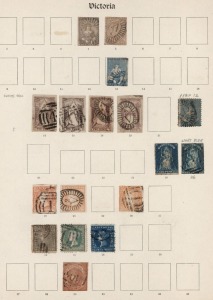 VICTORIA: 1850-1912 fragmentary collection on album pages with imperf 2d (2) and 3d 'White Veils' Half-Lengths, 2d QOT (4), 6d Woodblock (3, one Serrated Perf 18-19), perforated issues with 3d Half-Length, 1869 2/- green & 1861 6d black Woodblocks, Later Period to 2/- with a few postage dues. (110)
