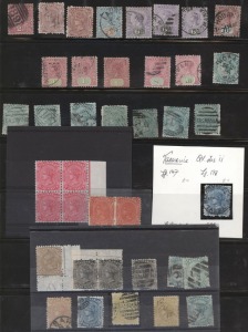 AUSTRALIAN COLONIES & STATES - General & Miscellaneous Lots: NSW, QUEENSLAND, TASMANIA & WESTERN AUSTRALIA: used array on album pages with NSW including imperf Small Diadems 2d pair, 5/- Map (2), officials with 1891 ½d on 1d optd 'OS' & 5/- Postage Due; Queensland with a few Chalons to 4d, Large Chalons 2/6d & 5/-; Tasmania with duplicated Sidefaces incl. 1870 10d black perf 12. pair and P11½ single used,1871-78 4d buff perf 11½ corner marginal example mint, Tablets to 1/-; WA with forgeries of
