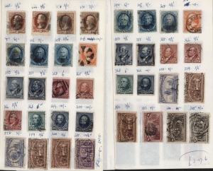 UNITED STATES OF AMERICA: 1880s-1920s selection in two old-time approval books with 1893 Columbians to 6c, 8c (2) & 10c (4), 1898 Trans-Mississippi 1c (2), 4c, 5c (2), & 10c, 1901 Pan-Am set, 1904 5c Louisiana (2), other useful pickings amongst definitives and back-of-book material; condition variable. (144)