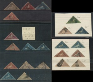 SOUTH AFRICA - Provinces: CAPE OF GOOD HOPE: 1853-64 Triangles selection comprising 1d (7), 4d (7), 6d (7) & 1/-, some with complete margins including 1d rose (SG.5a), 6d slate-lilac (SG.7c), 1d deep carmine-red (SG.18) & 4d deep blue (SG.19), others with variable margins, some identified by Gibbons reference; condition fair to fine. High Catalogue value (22)