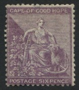 SOUTH AFRICA - Provinces: CAPE OF GOOD HOPE: 1864-77 (SG.25a) Wmk Crown CC 6d deep lilac, few nibbed perfs, some gum traces, Cat. &pound;400.