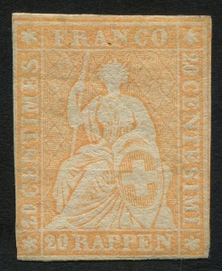 SWITZERLAND: 1854 (Mi.16 II) Standing Helvetia 20Rp yellow-orange, light horizontal crease, unused, Cat. ‚¬380.