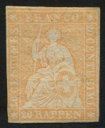 SWITZERLAND: 1854 (Mi.16 II) Standing Helvetia 20Rp yellow-orange, light horizontal crease, unused, Cat. &sbquo;&not;380.