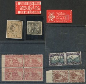 SOUTH AFRICA: Small selection with PIETERSBURG 1901 imperf 1/- black & yellow unused, TRANSVAAL 1895 1d Penny Postage block of 4 unused, South Africa 1937 6d 'Razor' booklets (2), plus 3 other items. (7 items)