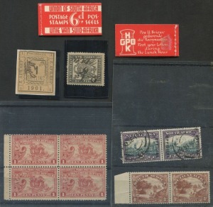 SOUTH AFRICA: Small selection with PIETERSBURG 1901 imperf 1/- black & yellow unused, TRANSVAAL 1895  1d Penny Postage block of 4 unused, South Africa 1937 6d 'Razor' booklets (2), plus 3 other items. (7 items)