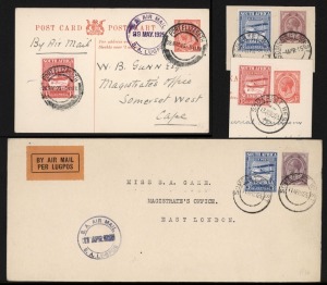 SOUTH AFRICA: 1925 (SG.26-29) small study of 1d to 9d Airs set, with mint & used sets plus set of forgeries, 6d block of 4 used, upper-left unit variety "White spot next to 'L' of 'LUGPOST'",  9d MUH marginal single with "Extended wing strut", 1d & 3d use