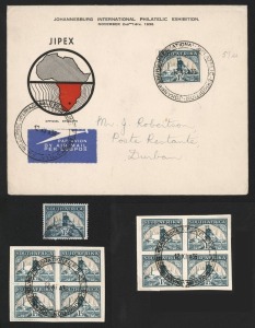 SOUTH AFRICA: 1933-48 (SG.57a) 1½d Gold Mine block of 4 comprising two bilingual pairs each unit with error SHADING OMITTED FROM MINE DUMP, plus a second similar block with LIGHT SHADING OF MINE DUMP, both multiples with '12XI36' FDI commemorative cancels applied at JIPEX exhibition post office; also single stamp on JIPEX cover with VERY WEAK SHADING OF MINE DUMP also with JIPEX FDI cancel; Cat. £360+. (3 items)