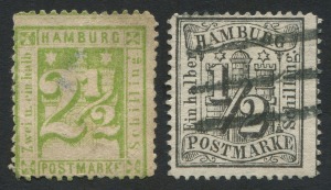 GERMAN STATES: HAMBURG:1864-65 (SG.19 & 27) Perf.13½ 2½s yellow-green Numeral unused; also ½s black postally used; Cat. £221. (2)