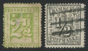 GERMAN STATES: HAMBURG:1864-65 (SG.19 & 27) Perf.13&frac12; 2&frac12;s yellow-green Numeral unused; also &frac12;s black postally used;&nbsp;Cat. &pound;221. (2)