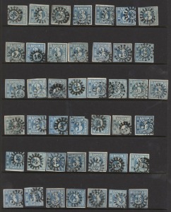 GERMAN STATES: BAVARIA: 1849-62 (SG.3-6) imperf 3k blue accumulation, variable margins, possible shade & numeral postmark interest; few faults, generally good to fine condition, minimum Cat. £500+.