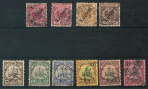 GERMAN COLONIES: CAROLINE ISLANDS: 1899-1910 used selection with 48° Overprint 10pf (Cat. £190), 56° Overprint 10pf, 20pf & 50pf, Yachts 3pf, 5pf, 20pf, 25pf, 50pf & 80pf; odd nibbed perf, generally fine, Cat. £460+. (10)