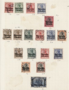 GERMAN COLONIES: Selection on album pages with GERMAN NEW GUINEA [8] incl. 1897-99 20pf & 1901 Yachts 30pf (2); GERMAN POs in MOROCCO [28] incl. 1899 Diagonal Ovpts 3c on 3pf to 25c on 20pf, 1900-18 Surcharges on Germania to 1p on 80pf, plus 2p.50c on 2m 
