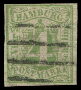 GERMAN STATES: HAMBURG:1859 (SG.6) Wavy Line Watermark imperf 4s green Numeral, complete close to large margins, tidy cancellation; fine example, Cat. £2000.