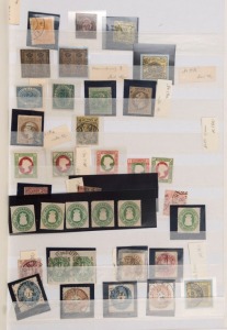 GERMAN STATES & GERMANY: with better States including BRUNSWICK 1853-56 1sgr used on piece, 1857 (SG.12) 4/4ggr (2) both unused; HANOVER 1859-61 3gr brown; OLDENBURG 1862-67 Rouletted 1/3g (6) unused (minimum Cat. £500), PRUSSIA 1850-56 4pf yellow-green, 1861 rouletted 3pf single & 4pf pair (used on piece), 1866 10sgr rose pair (Cat. £340) tied to piece by 'BARMEN/RITTERSHAUSEN' boxed cancel, & 30sgr pair on small piece (small edge faults, Cat. £750);