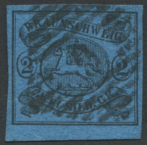 GERMAN STATES: BRUNSWICK: 1852 (SG.2) No Wmk 2sgr blue, good to large margins, original deep colour. Fine fault-free example, Cat. £450.