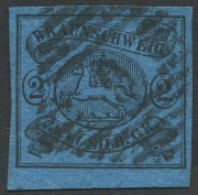 GERMAN STATES: BRUNSWICK: 1852 (SG.2) No Wmk 2sgr blue, good to large margins, original deep colour. Fine fault-free example, Cat. &pound;450.