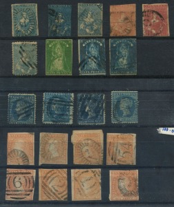 VICTORIA: 1850-64 mostly used selection with 1d Half-Lengths (2) & 3d (3) in mixed condition, plus an 1859 3d Perf.12 by Robinson, 1854-55 6d Woodblocks (8) with mixed margins, 1856 imperf 1d yellow-green QOT unused (gum traces, Cat. £325), 1858 Rouletted 6d QOT (2), and 1864-80 2/- blue (4); variable condition. (21)