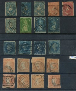 VICTORIA: 1850-64 mostly used selection with 1d Half-Lengths (2) & 3d (3) in mixed condition, plus an 1859 3d Perf.12 by Robinson, 1854-55 6d Woodblocks (8) with mixed margins, 1856 imperf 1d yellow-green QOT unused (gum traces, Cat. £325), 1858 Rouletted