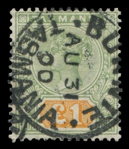 TASMANIA: 1892-99 (SG.225) £1 green & yellow Tablet, fine used with 1900 BURNIE datestamp; Cat. £500.