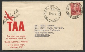 AUSTRALIA: Aerophilately & Flight Covers: 19 Dec.1949 (AAMC.1234) Mornington Island Christmas Mail special cover, flown for TAA and signed by the pilot, R.K. Crabbe and signed verso by the Mission Superintendent; with original TAA headed letter enclosed. (2 items).