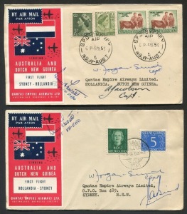 AUSTRALIA: Aerophilately & Flight Covers: 5-9 Sept.1953 (AAMC.1323 & 1325) Sydney - Hollandia and Hollandia - Sydney flown covers, each bearing the special Qantas first flight vignette and signed by the captain and crew, (2).