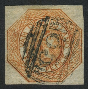 TASMANIA: 1853-54 (SG.11) 4d Courier Plate II forgery on thin paper, with fake First Allocation BN '65' cancel of Three Hut Point.