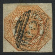 TASMANIA: 1853-54 (SG.11) 4d Courier Plate II&nbsp;forgery on thin paper, with fake First Allocation BN '65' cancel of Three Hut Point.&nbsp;