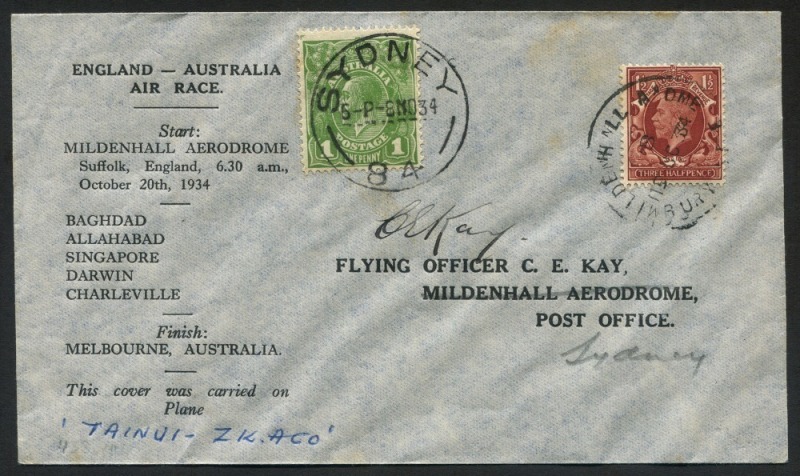 AUSTRALIA: Aerophilately & Flight Covers: 20 Oct.1934 (AAMC.438) MacRobertson Air Race cover, flown and signed by Cyrus Kay in his Dragon DH89 Rapide "Tainui". Cat.$150.