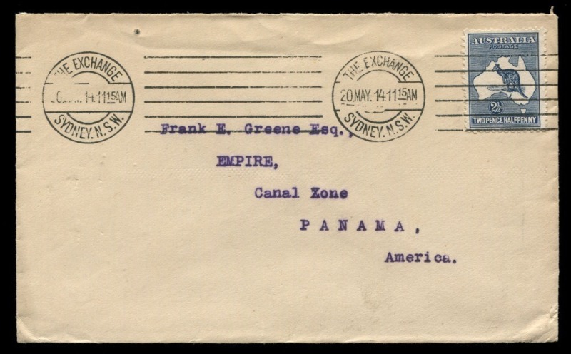 Kangaroos - First Watermark: May 1914 usage of 2½d Indigo, single usage on cover from 'THE EXCHANGE SYDNEY' to EMPIRE, CANAL ZONE with arrival b/stamp. Rare destination.