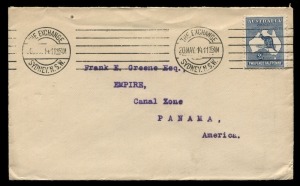 Kangaroos - First Watermark: May 1914 usage of 2½d Indigo, single usage on cover from 'THE EXCHANGE SYDNEY' to EMPIRE, CANAL ZONE with arrival b/stamp. Rare destination.