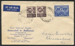 AUSTRALIA: Aerophilately & Flight Covers: 27 Mar. 1950 (AAMC.1240) Bairnsdale - Melbourne first flight cover carried by A,N.A. DC3 Skyliner "Kanana", with arrival backstamp. Rarely seen example from this flight.