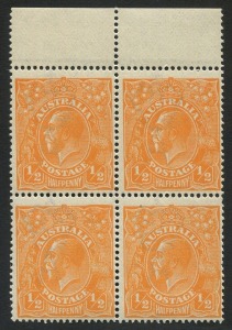 KGV Heads - Single Watermark: ½d Orange, top marginal blk.(4), one unit with BW.66(9)d 'Thick upper frame at right', fresh MUH.