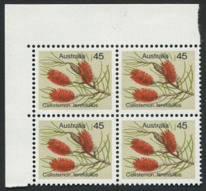 AUSTRALIA: Decimal Issues: 1975 (SG.609 variety) 45c Wildflower, upper left corner blk.(4) all units with BW.727cj 'Dull vermilion misplaced', fresh MUH. Cat.$320+.