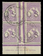 Kangaroos - Small Multiple Watermark: 9d Violet, Perforated OS, Ash Imprint blk.(4) [BW:28(4)z] with variety "Die 2 substitution" at position 4R49. Probably unique thus. Attractively used April 1933 with "LAW COURTS - MELBOURNE" cds's.&nbsp; The Notes accompan