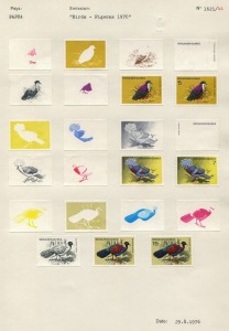 PAPUA NEW GUINEA: PROOFS: 1976 (SG.333 - 337) Pigeons (Fauna Conservation): the complete set of Courvoisiers' original colour separations and completed designs without denominations, all IMPERFORATE and affixed to the official Archival album pages [#1620/