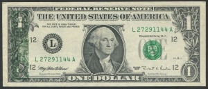 BANKNOTES - World: United States of America: 1995 (Krause 496) $1 with dramatic offset of green machine-work printing to the left of the George Washington side of the note, Unc.