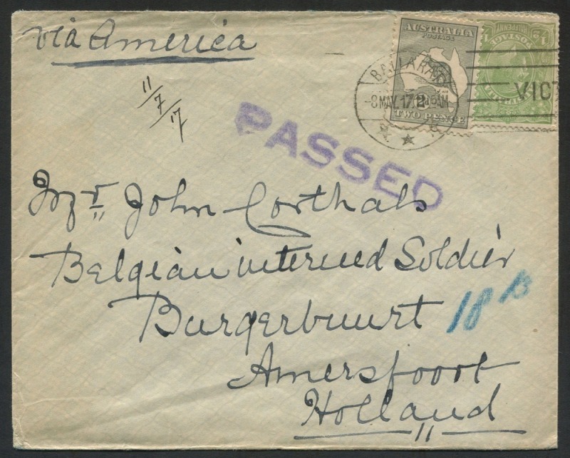 Kangaroos - Third Watermark: May 1917 usage of 2d Grey in combination with ½d Green KGV on censored cover from BALLARAT 'via America' to a 'Belgian Interned Soldier' at Amersfoort Internment Camp, Holland.