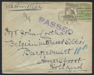 Kangaroos - Third Watermark: May 1917 usage of 2d Grey in combination with ½d Green KGV on censored cover from BALLARAT 'via America' to a 'Belgian Interned Soldier' at Amersfoort Internment Camp, Holland.