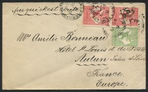 Kangaroos - First Watermark: 19 Feb.1914 usage of ½d Green (perf. fault) + 1d Red (vertical pair) on cover from BUNDABERG to FRANCE; endorsed 'per quickest route' and with transit and arrival backstamps (27 Mar.).
